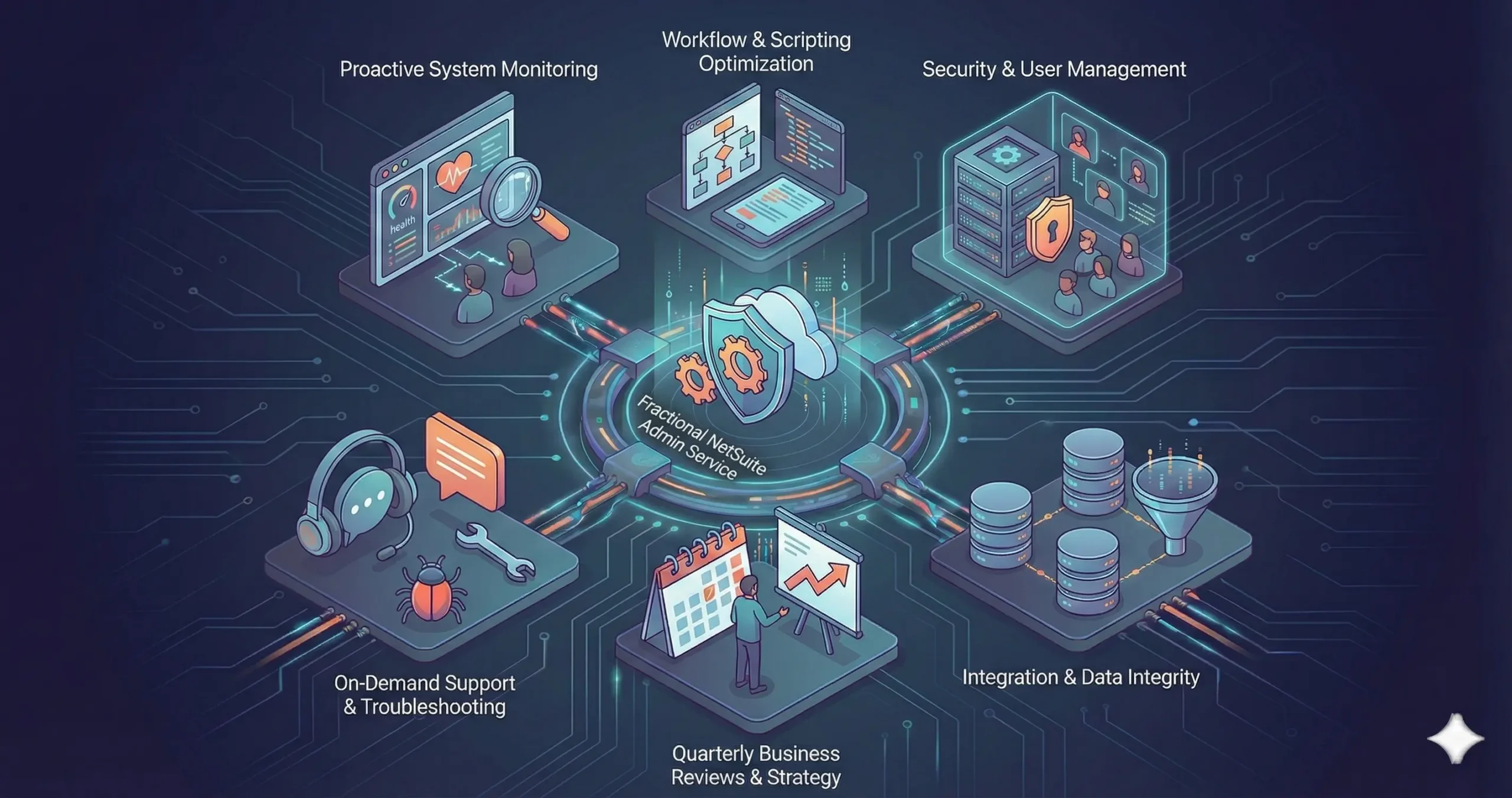 Diagram showing the core features of the eMerge Fractional NetSuite Administrator service including security, monitoring, and optimization