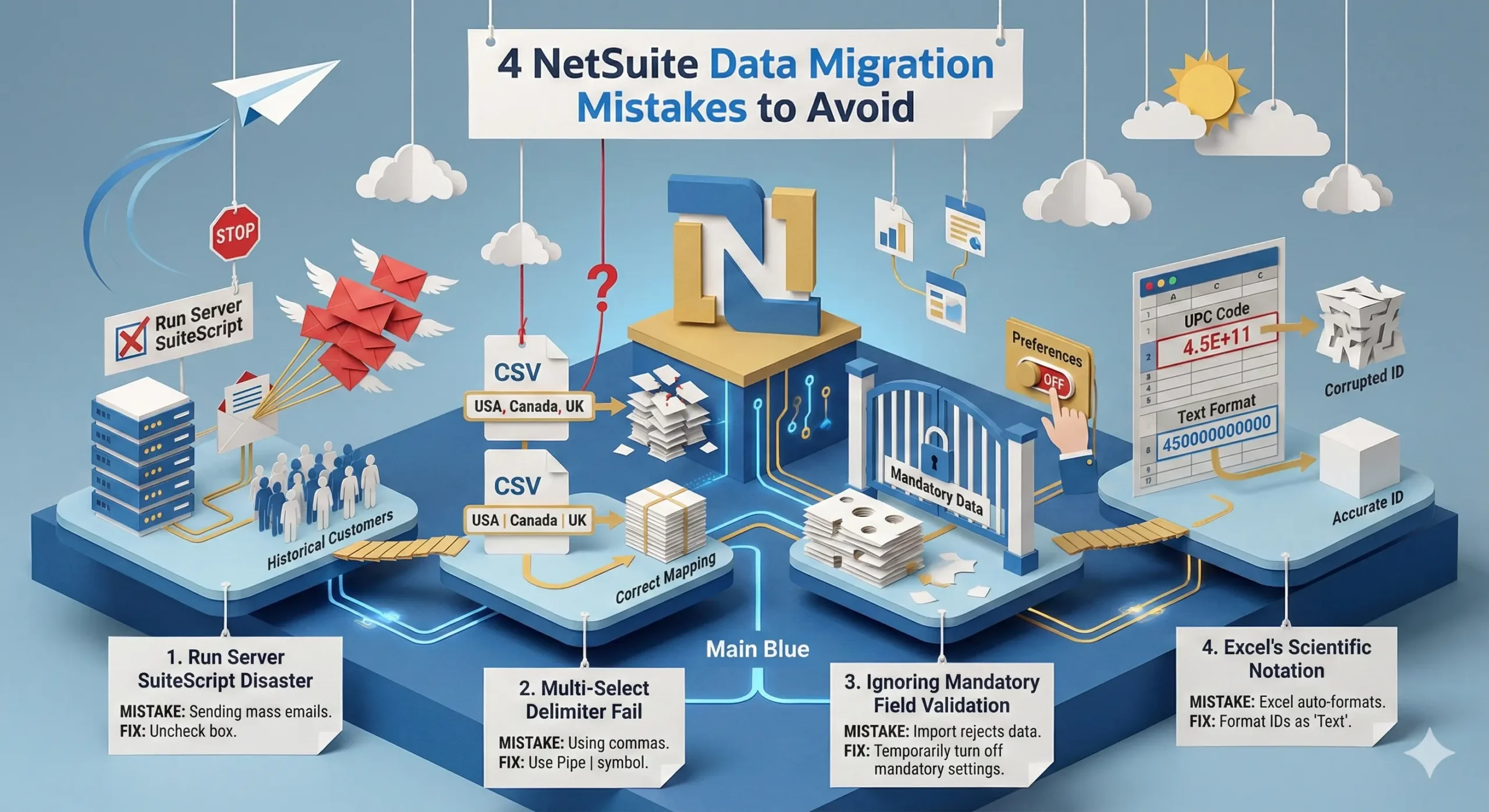 NetSuite data Migration guide infographic detailing common mistakes like Server SuiteScript and CSV delimiters