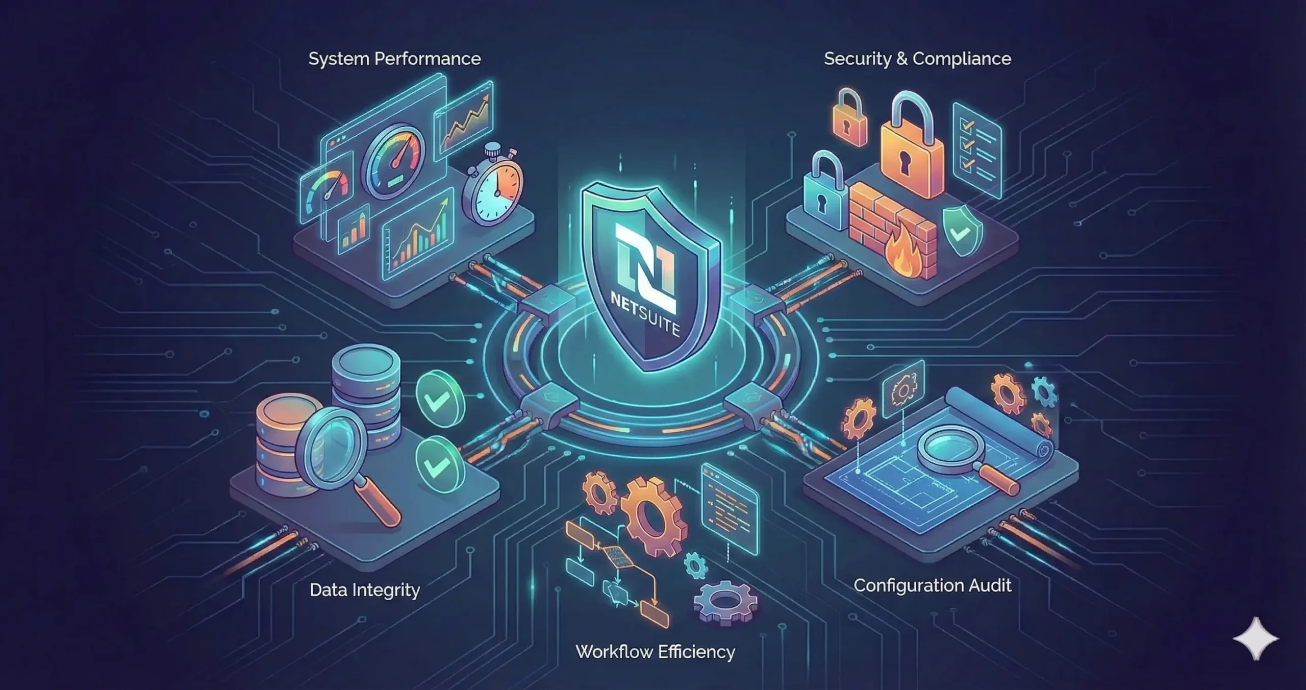 NetSuite health check services diagram showing system performance, security, data integrity, and workflow efficiency