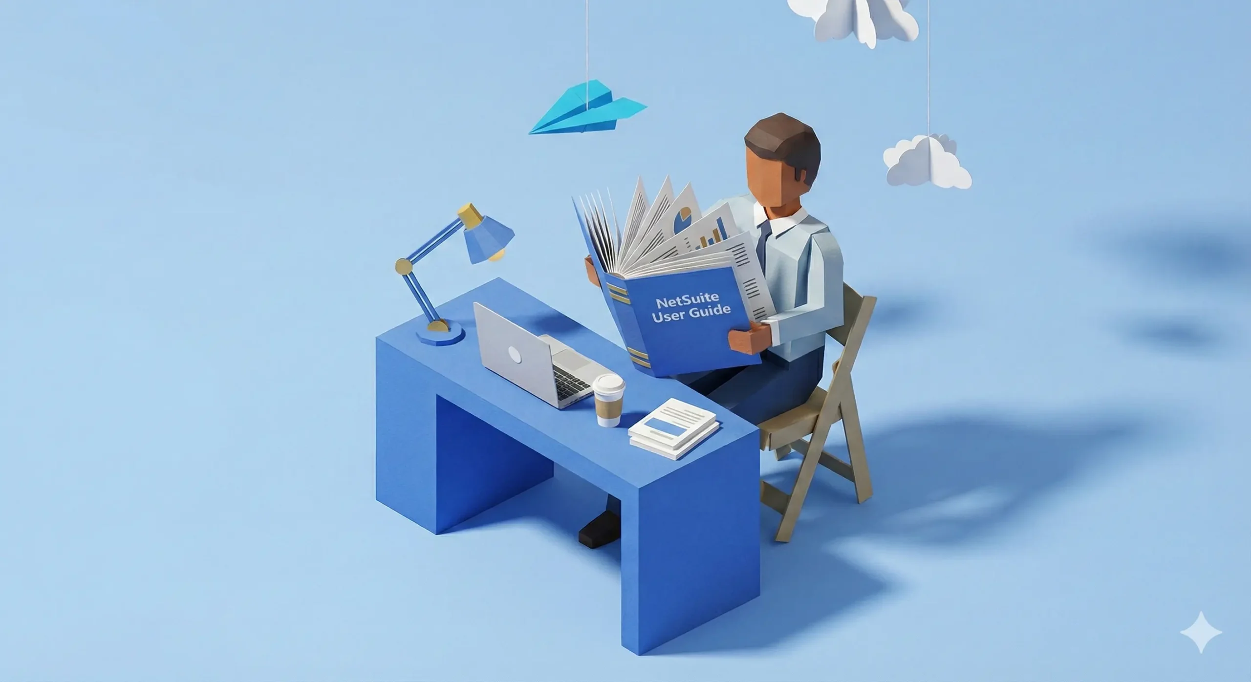 NetSuite help illustration showing a user consulting a guide