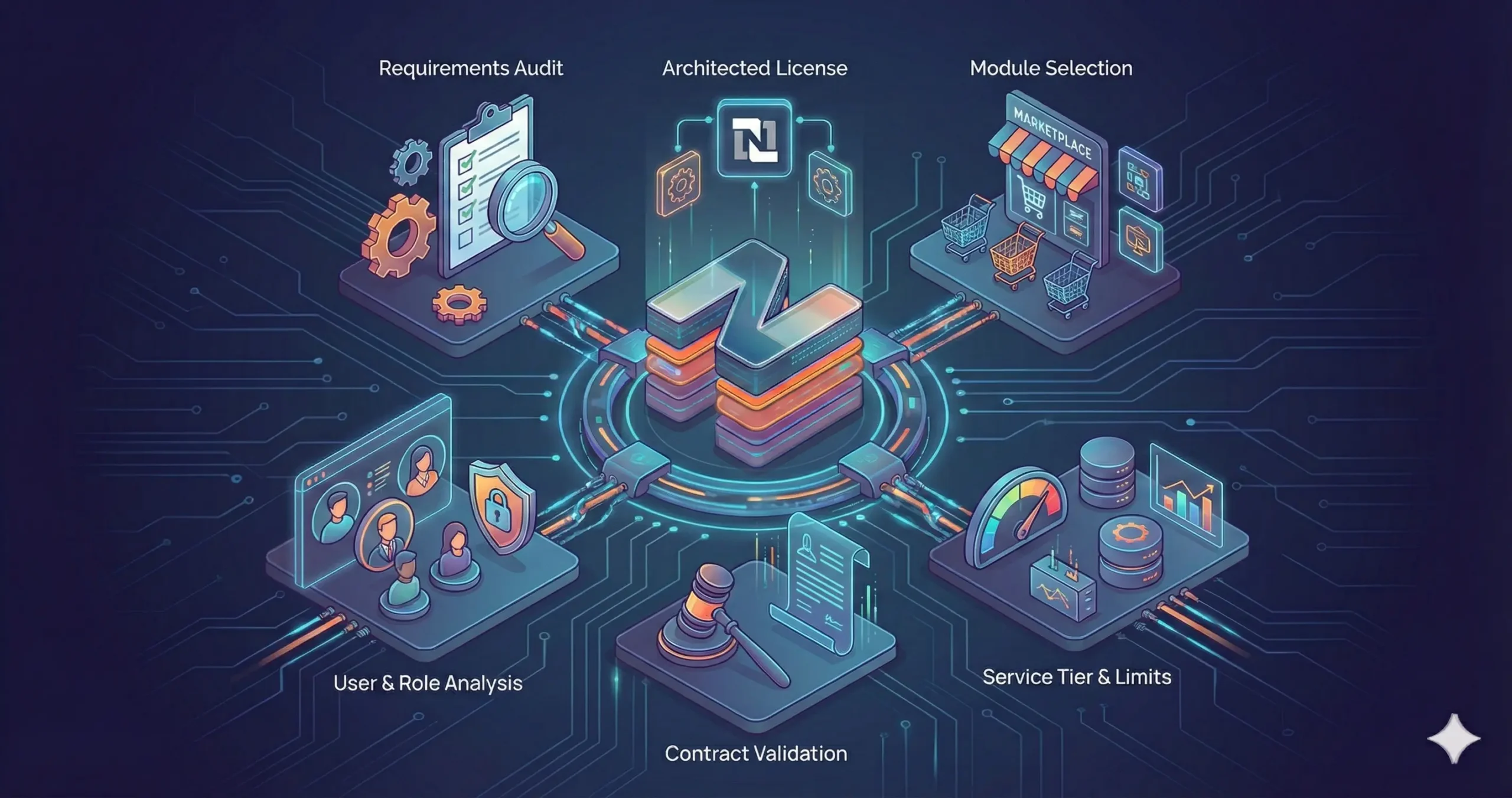 NetSuite Licensing Services diagram illustrating the architectural process: requirements audit, module rationalization, user role analysis, and contract validation