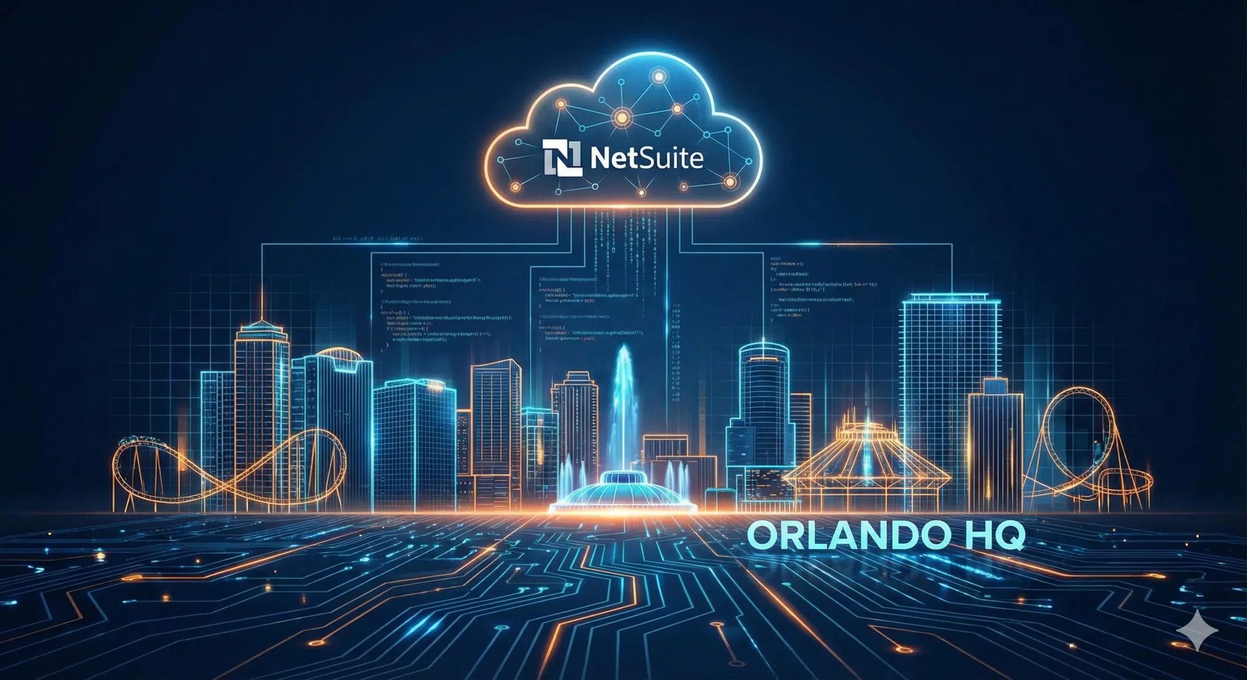 Futuristic digital illustration representing NetSuite Orlando services and local connectivity