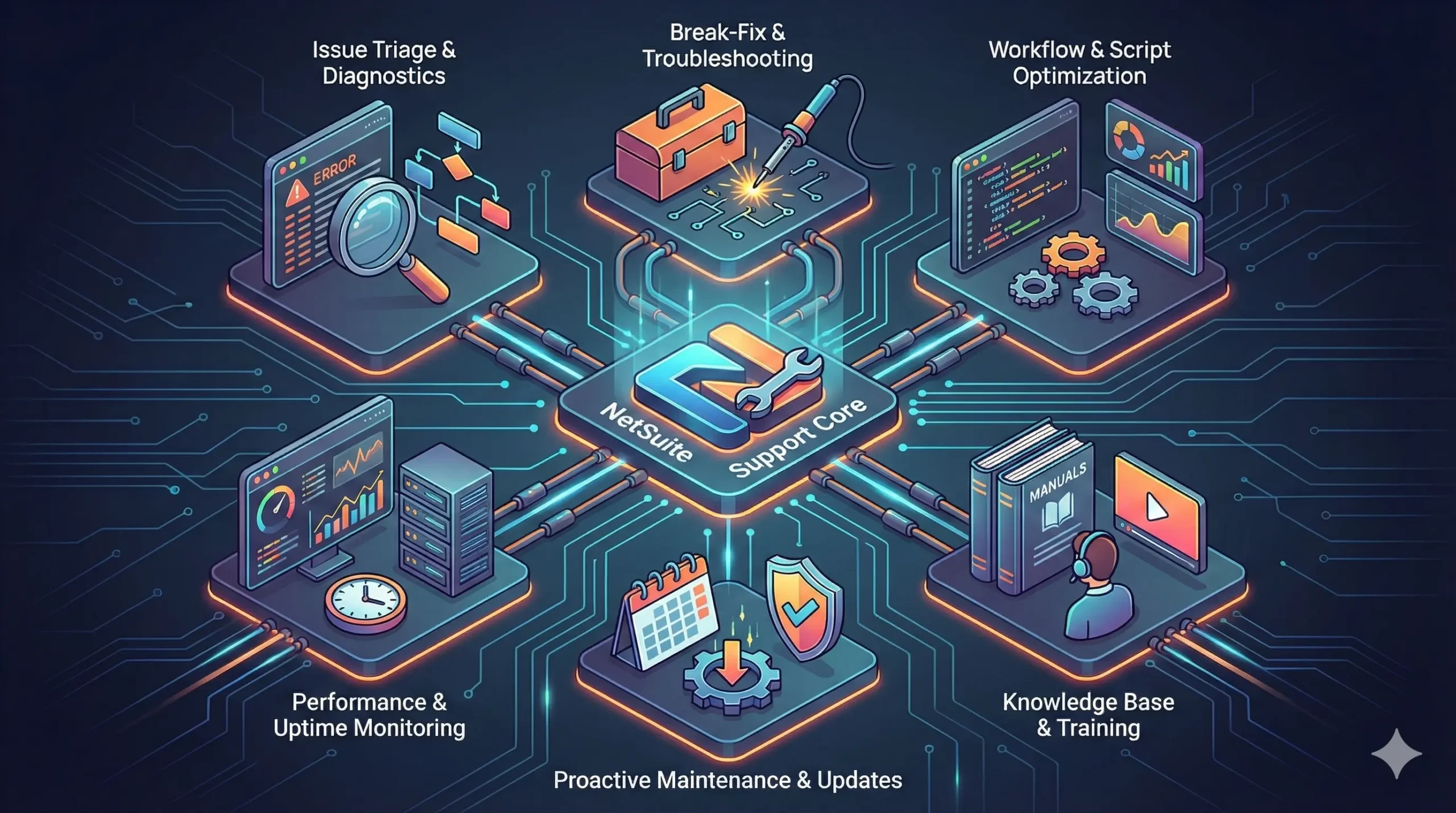 NetSuite Support Services diagram showing troubleshooting, maintenance, and optimization