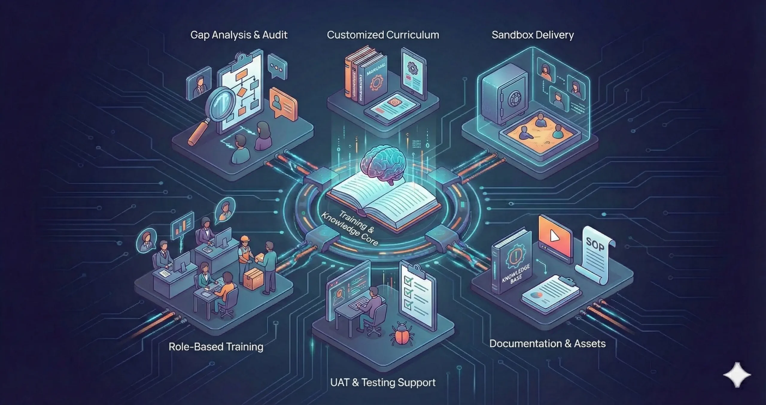 NetSuite Training Services diagram showing Gap Analysis, Customized Curriculum, Sandbox Delivery, and Role-Based Training